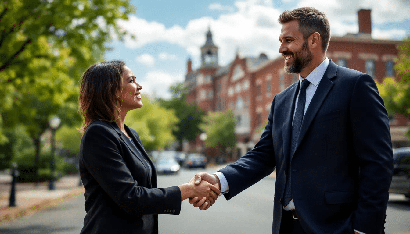 An attorney is shaking hands with a client in a picturesque setting of Durham, North Carolina, symbolizing a partnership in pursuing medical malpractice claims. The scene captures the essence of trust and collaboration between legal professionals and clients seeking justice for medical negligence.