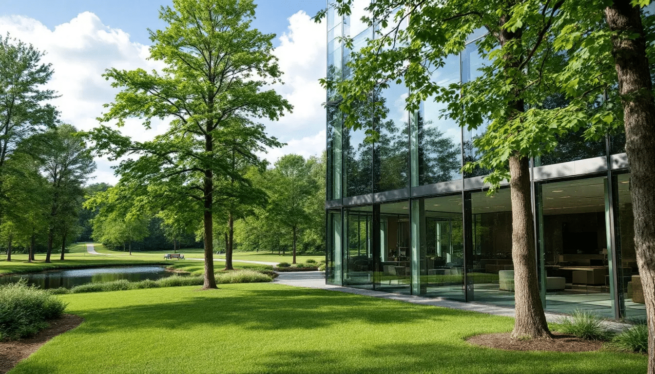 The image depicts an upscale law firm located in Chapel Hill, North Carolina, featuring a modern building set against a scenic backdrop of lush greenery and blue skies. This law office specializes in traffic cases, including reckless driving and other traffic violations, providing experienced attorneys to help clients navigate North Carolina DMV rules and court processes.