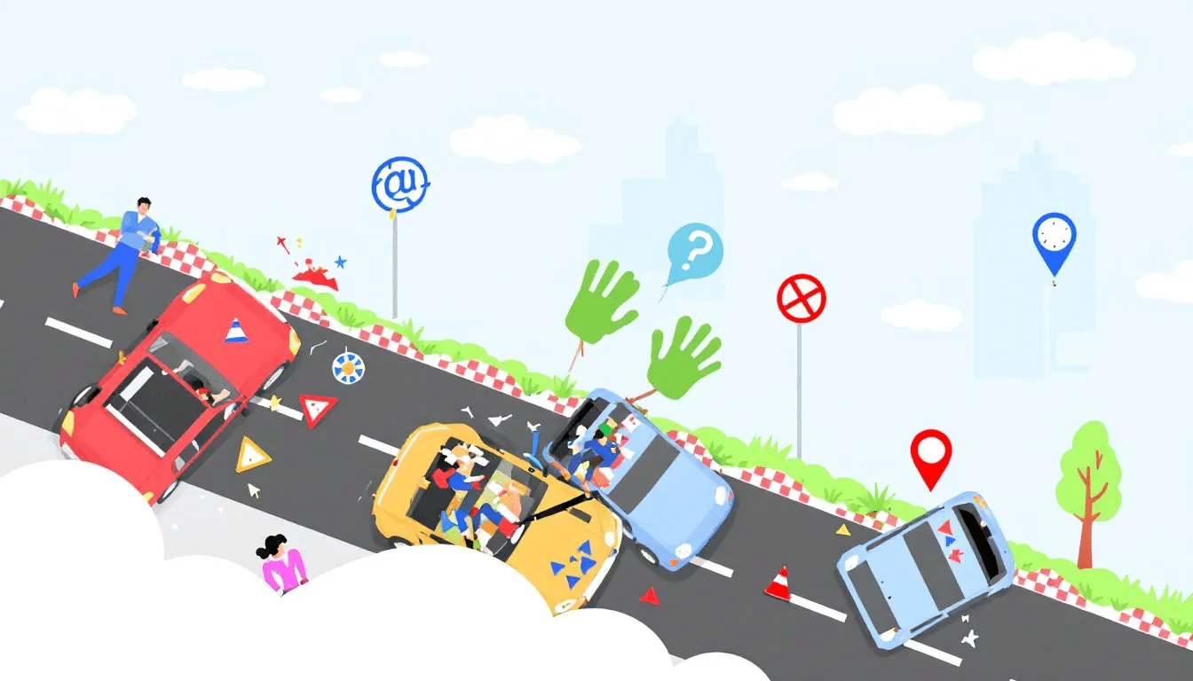 Different types of car accidents including rear-end and head-on collisions.