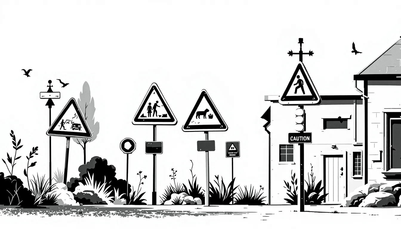 Common causes of fatal accidents illustrated with caution signs.