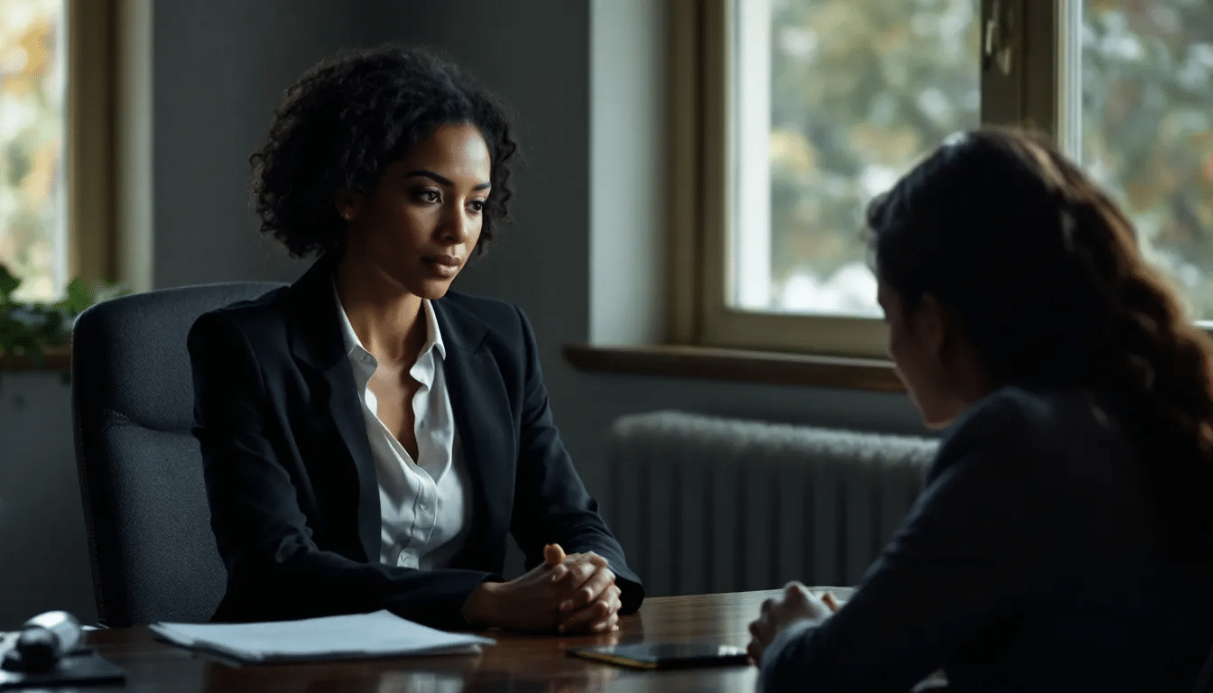 A domestic violence lawyer consulting with a client.