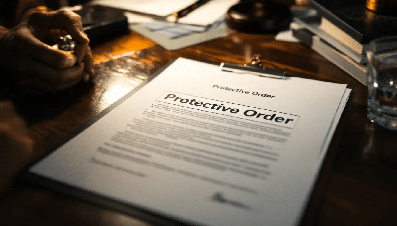 A protective order document on a desk.
