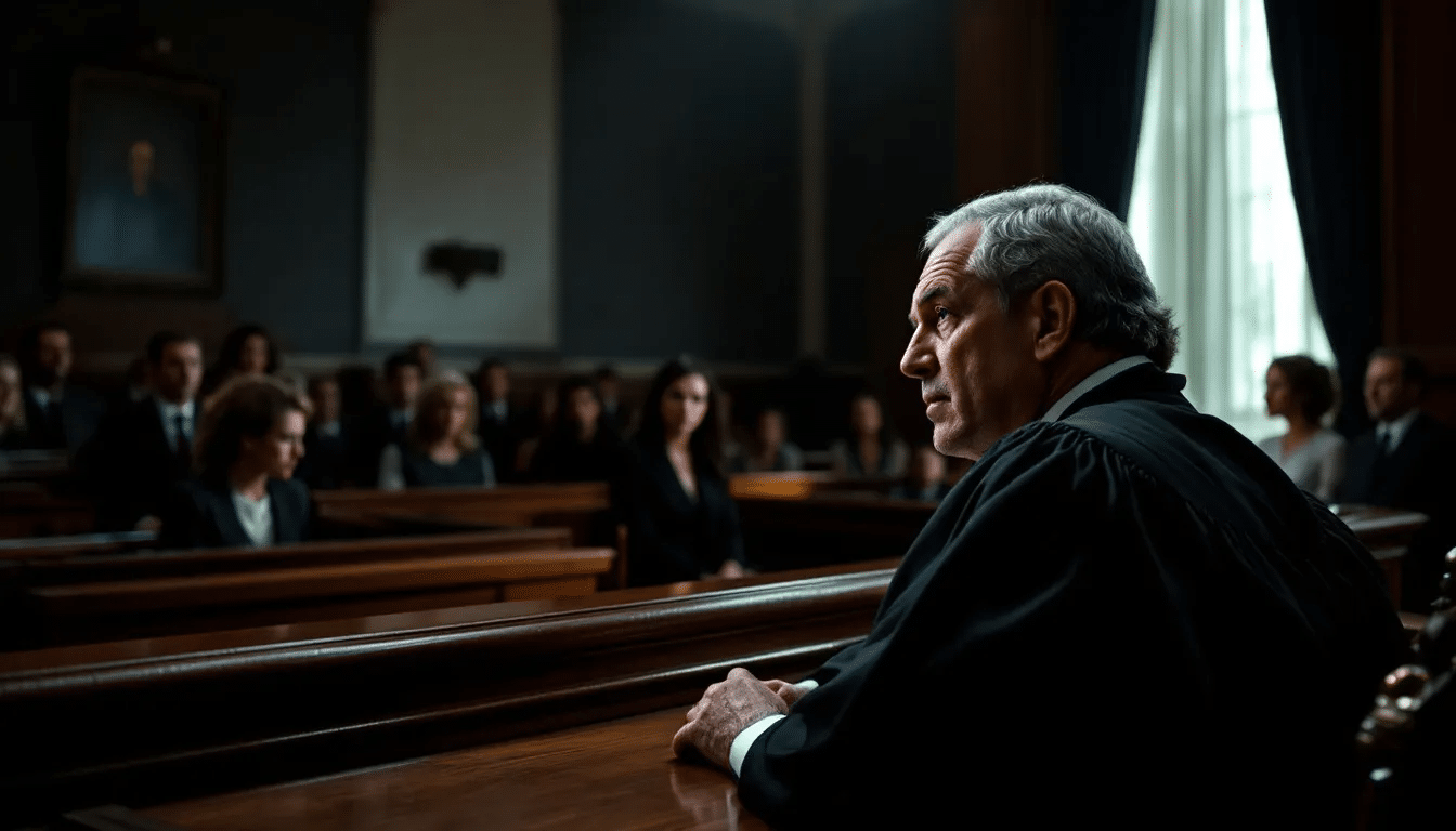 A courtroom with a judge presiding over a criminal case.