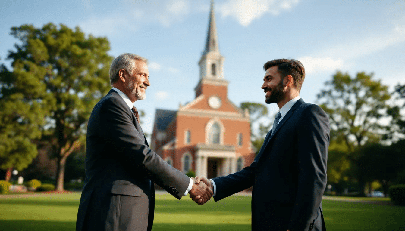 An attorney is shaking hands with his client in front of a scenic backdrop of Chapel Hill, North Carolina, symbolizing a successful partnership in handling traffic violations. The image captures the essence of legal support, emphasizing the importance of having a dedicated lawyer for navigating traffic court and ensuring the best outcome for clients facing traffic tickets.