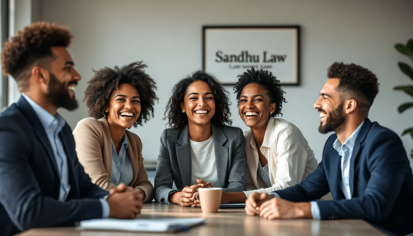The image showcases a diverse group of happy clients expressing their satisfaction with Sandhu Law, reflecting positive experiences in handling traffic tickets and violations. Their joyful expressions convey trust in the law office's ability to navigate traffic court and achieve favorable outcomes.