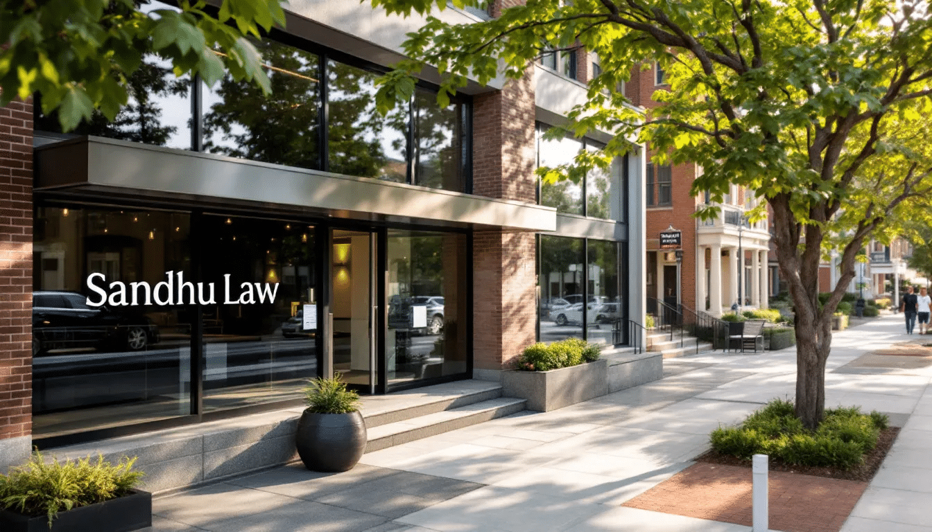 The image features the upscale Sandhu Law firm set against a scenic backdrop of Chapel Hill, North Carolina, showcasing a professional law office environment. This setting emphasizes the firm's expertise in handling traffic tickets and violations, providing clients with legal services to navigate traffic court effectively.