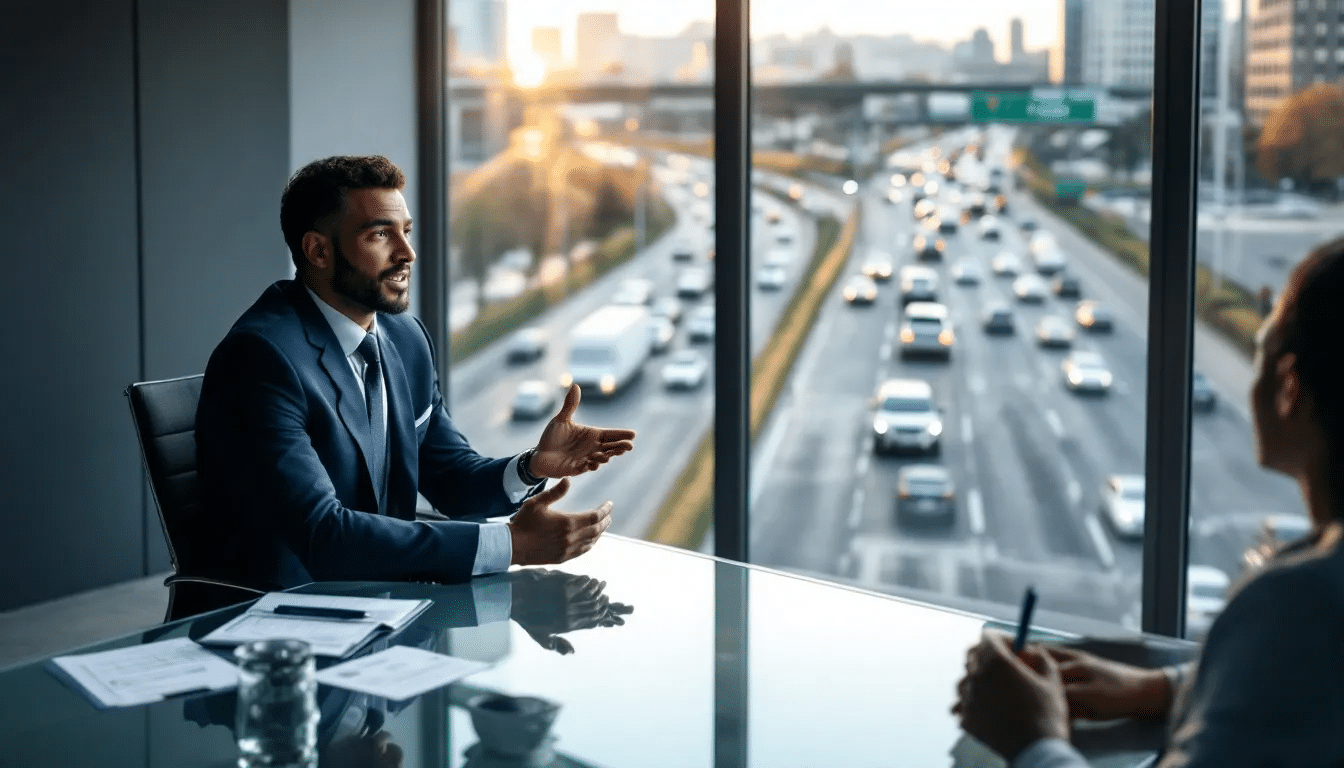 A commercial driver speeding lawyer in Durham discussing a case with a client.