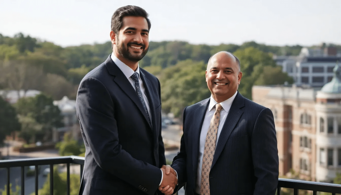 In the image, attorney Navi Sandhu is shaking hands with a satisfied client against a scenic backdrop of Durham, North Carolina. This moment captures the essence of a successful partnership in navigating traffic law, showcasing the attorney's commitment to achieving favorable outcomes for clients facing traffic violations in Durham County.