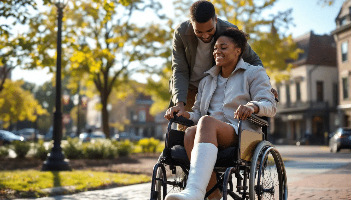 A client with a cast on their leg is being assisted into a wheelchair as they leave the hospital, set against a picturesque backdrop of Durham, North Carolina. This scene highlights the challenges faced by those dealing with catastrophic injuries and the importance of legal support from a Durham catastrophic injury lawyer.