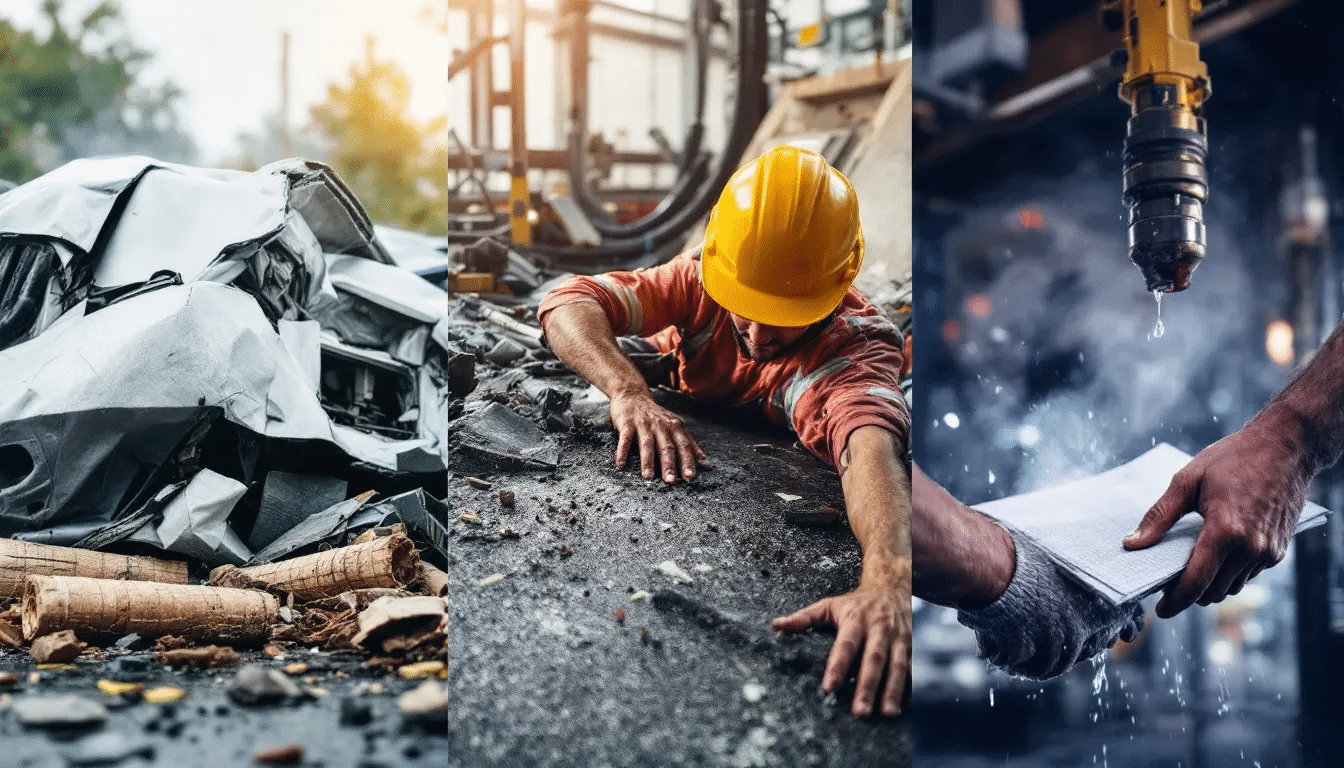 A collage of images depicting common causes of catastrophic injuries in Durham, including car accidents and workplace incidents.