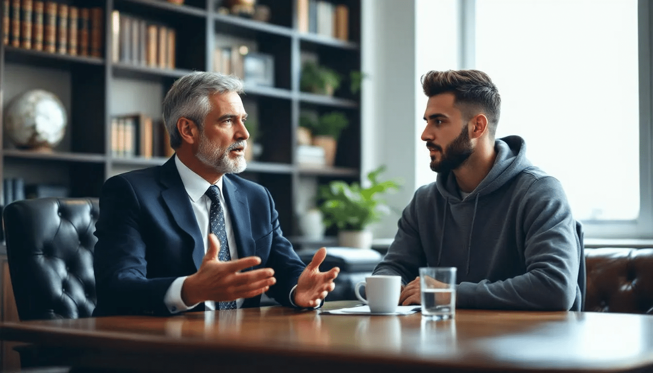 A Durham criminal defense lawyer is seated at a law office table, engaged in a serious discussion with a client regarding drug charges. The attorney is providing legal representation and guidance on the potential consequences of the criminal charges the client faces, emphasizing the importance of a strong defense in navigating the legal system.
