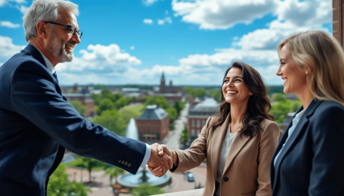 An attorney is shaking hands with a satisfied client against a picturesque backdrop of Durham, North Carolina, symbolizing successful representation in a driver's license reinstatement case. The scene conveys a sense of accomplishment and trust, highlighting the attorney's extensive experience in navigating DMV hearings and traffic violations.