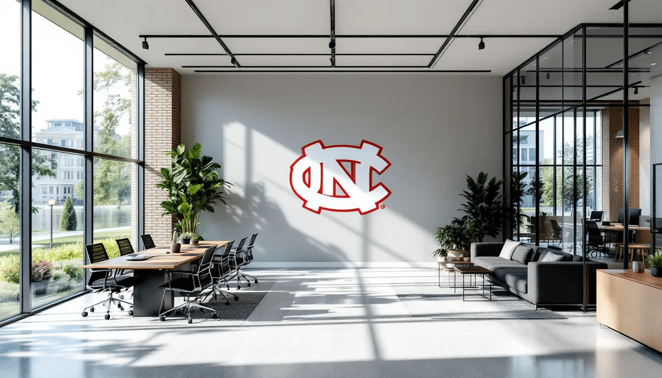 The image depicts an upscale office in Durham, NC, featuring a scenic background and the UNC logo prominently displayed on the wall. This professional setting may serve as a consultation space for those facing serious felony charges related to drug trafficking or other criminal offenses.