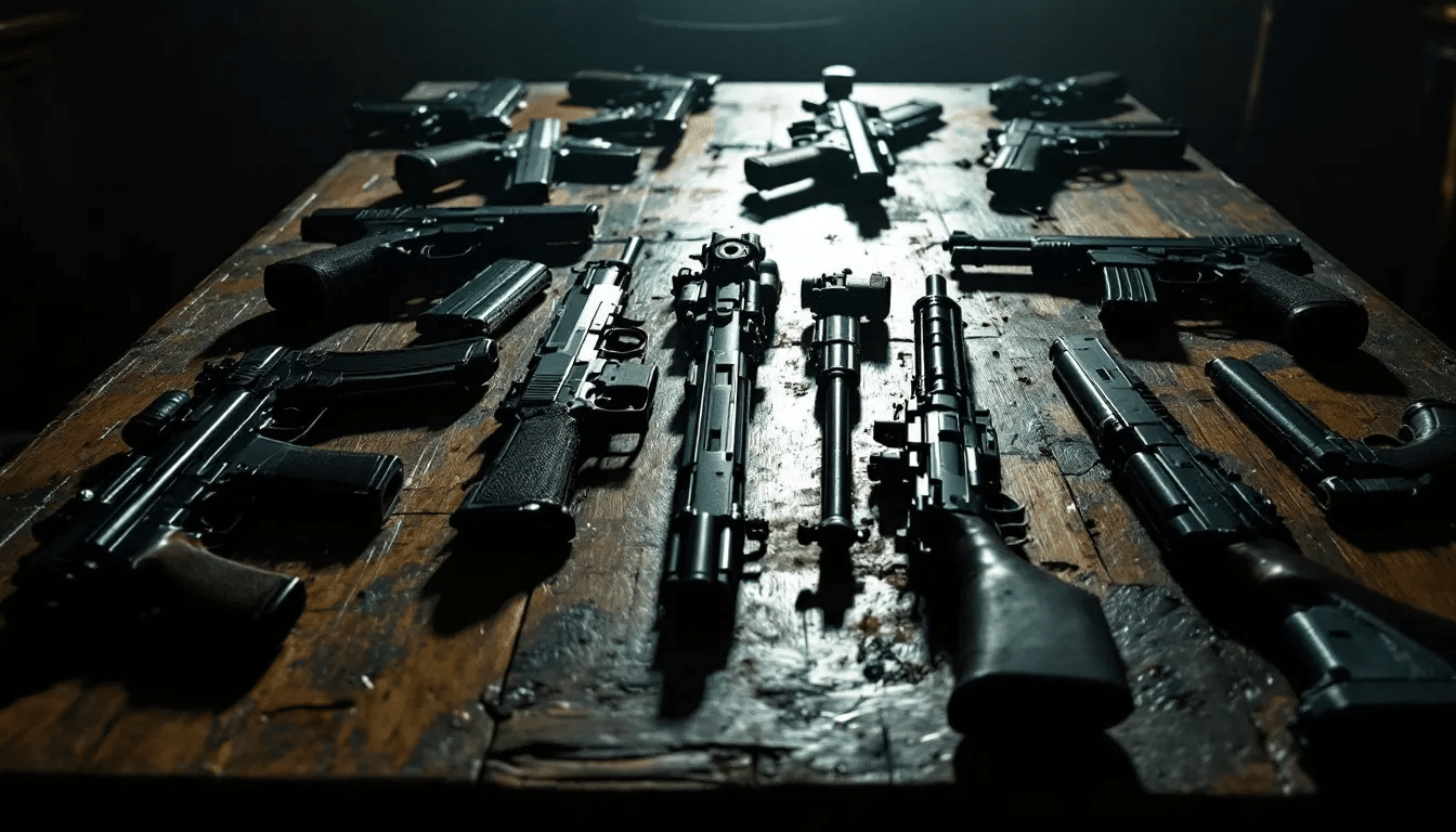 An overview image depicting various firearms, highlighting the complexity of gun charges in North Carolina.