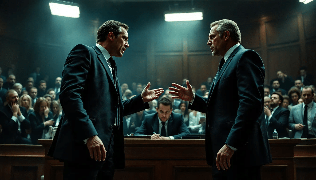 A courtroom scene illustrating the process of defending against gun charges.