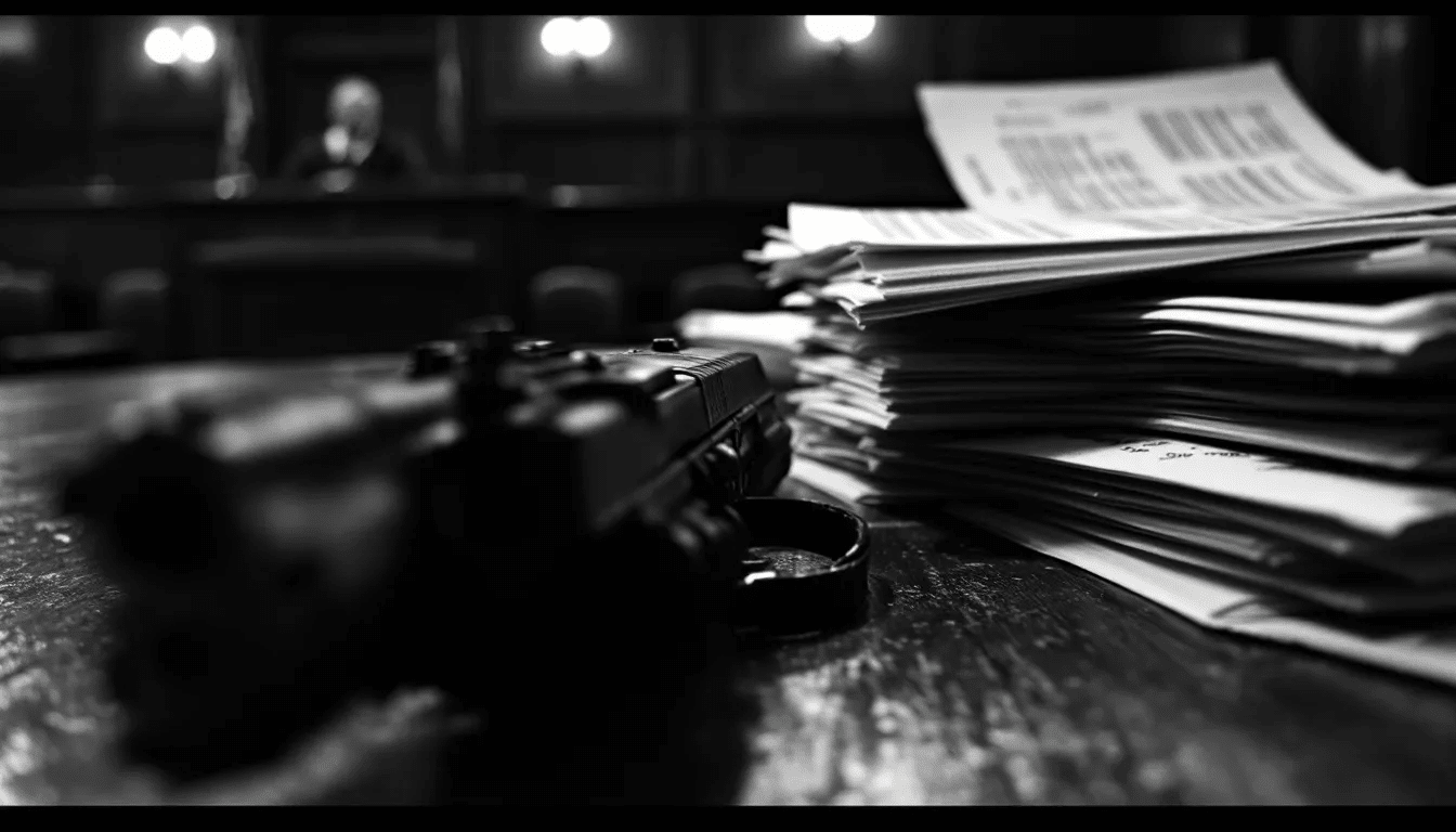 An image representing the consequences of gun convictions, featuring a blurred image of a gun and legal documents.