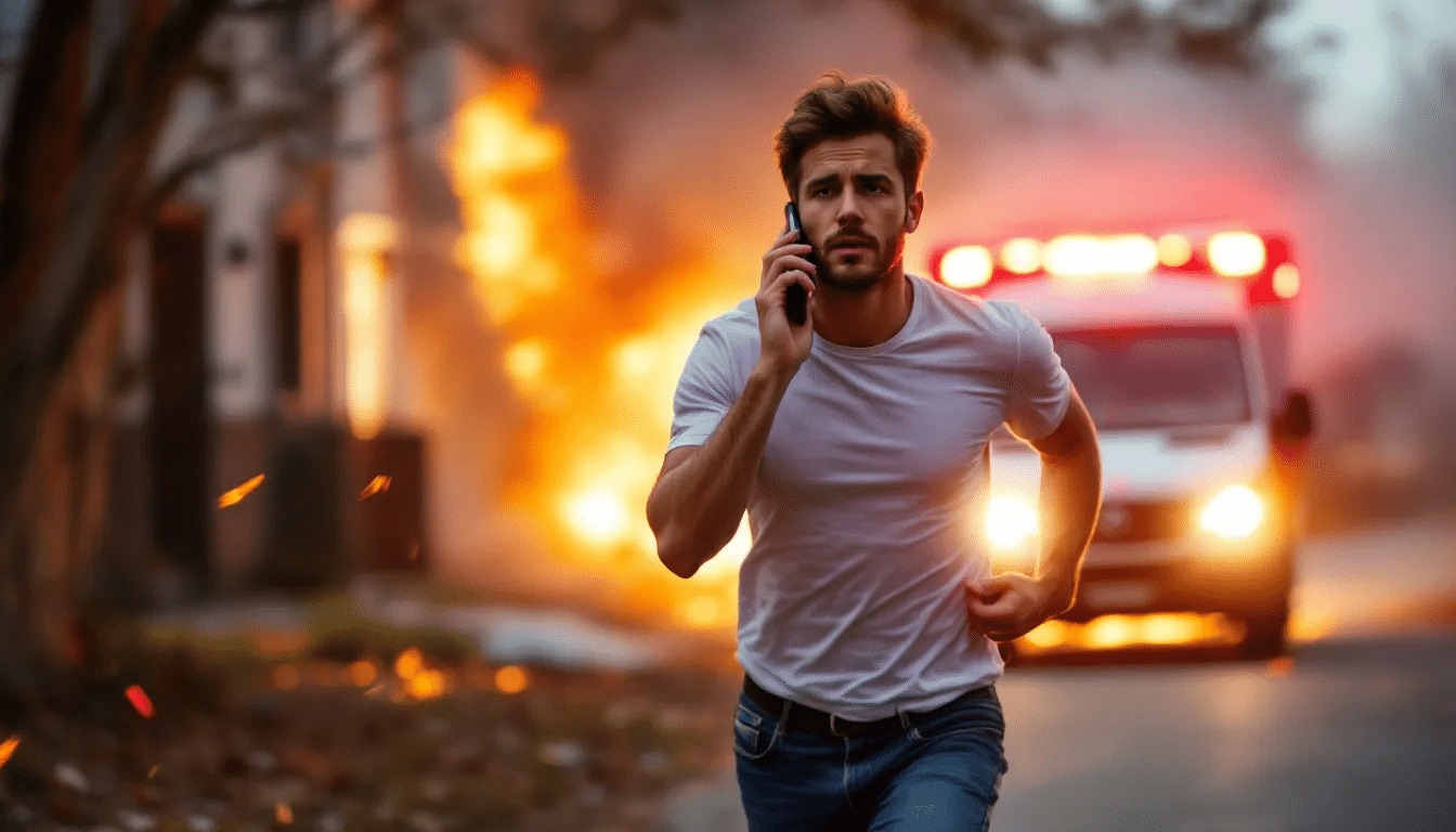 The image shows a person walking away from a house explosion in a residential area of Durham, with an ambulance blurred in the background. The individual is on their phone, likely calling their personal injury lawyer to discuss potential premises liability claims related to the incident.